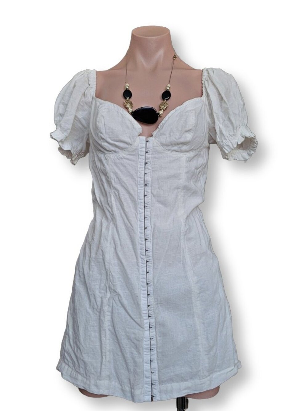 Urban Outfitters White Bustier Princess Puff Sleeve Deep V-Neck Mini Dress (M)